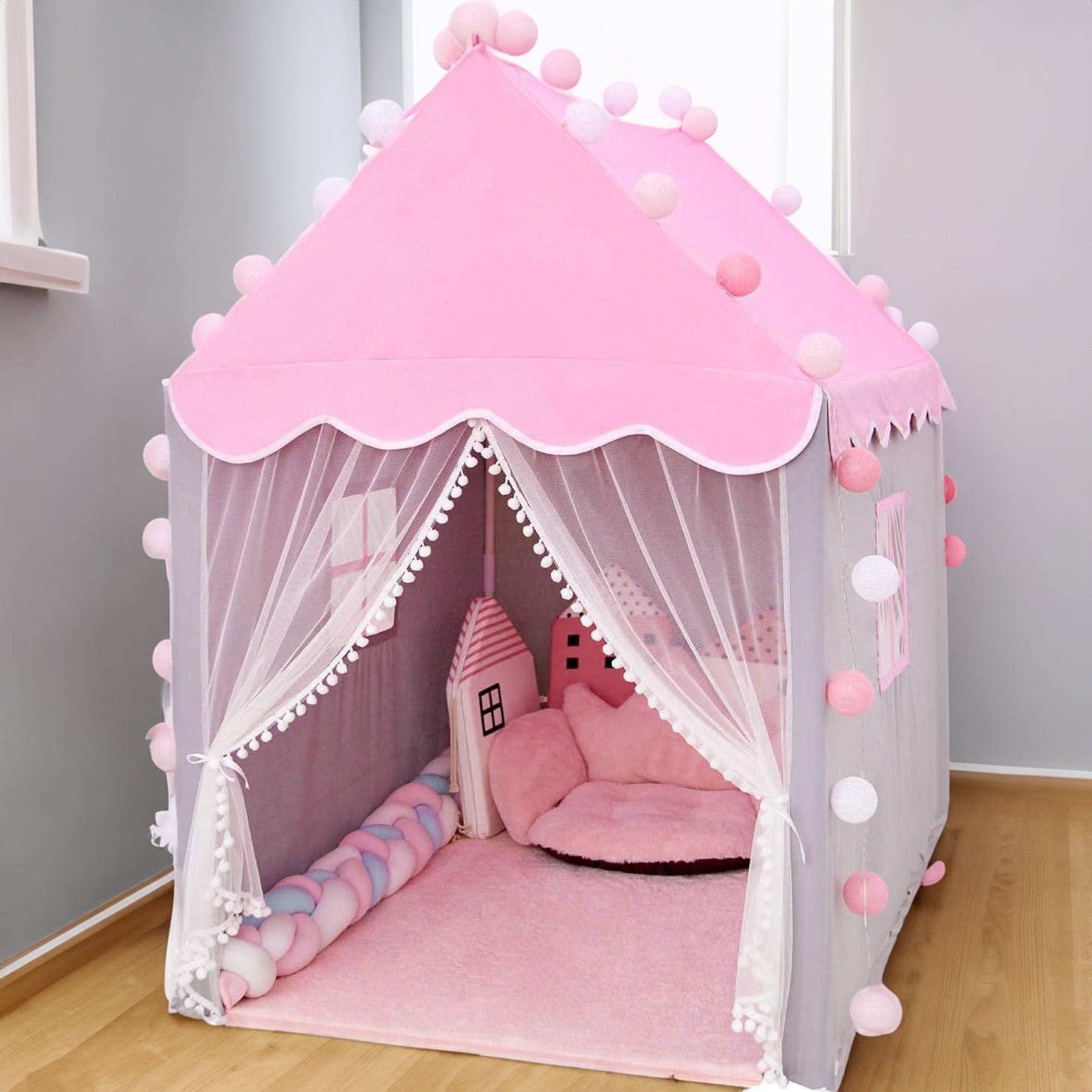 Cort de joaca model casuta pentru copii cu lumini, Zola®, ferestre, gri cu roz, 130 x 100 x 115 cm Cort de joaca model casuta pentru copii cu lumini, Zola®, ferestre, gri cu roz, 130 x 100 x 115 cm